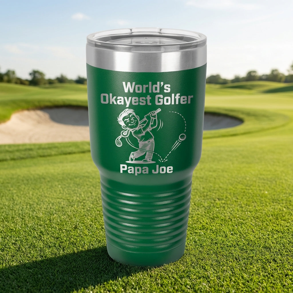 Personalized Funny Golfer Tumbler Gift for Dad - World's Okayest Golfer Laser Engraved Mug - Custom Name Golfing Present - View 6
