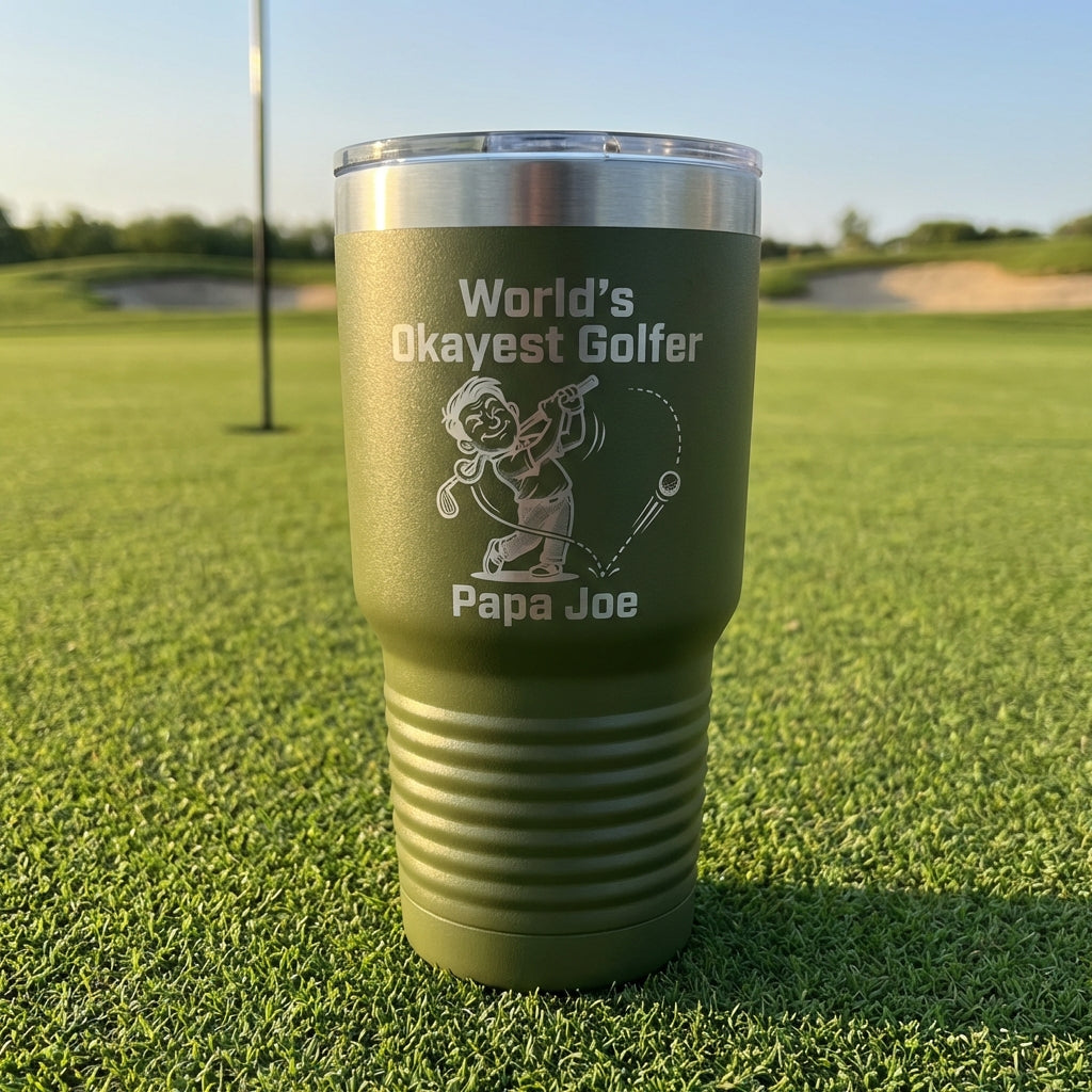 Personalized Funny Golfer Tumbler Gift for Dad - World's Okayest Golfer Laser Engraved Mug - Custom Name Golfing Present - View 7