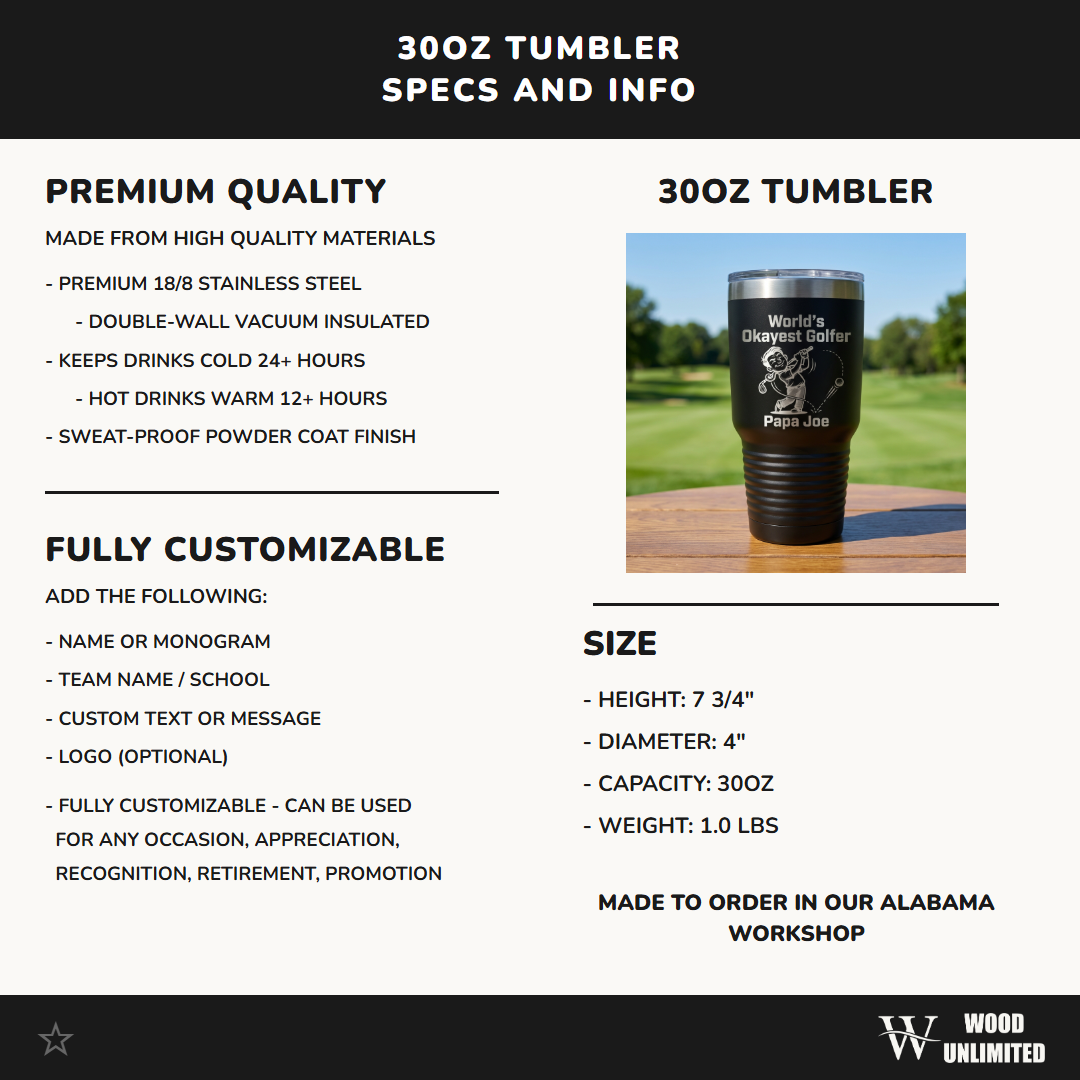 Personalized Funny Golfer Tumbler Gift for Dad - World's Okayest Golfer Laser Engraved Mug - Custom Name Golfing Gift
