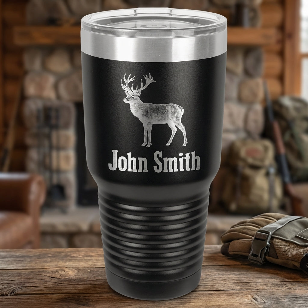 Personalized Hunting Tumbler Gift for Hunter - Custom Engraved Deer Buck Silhouette - Outdoorsman Drinkware Father's Day Dad - View 1