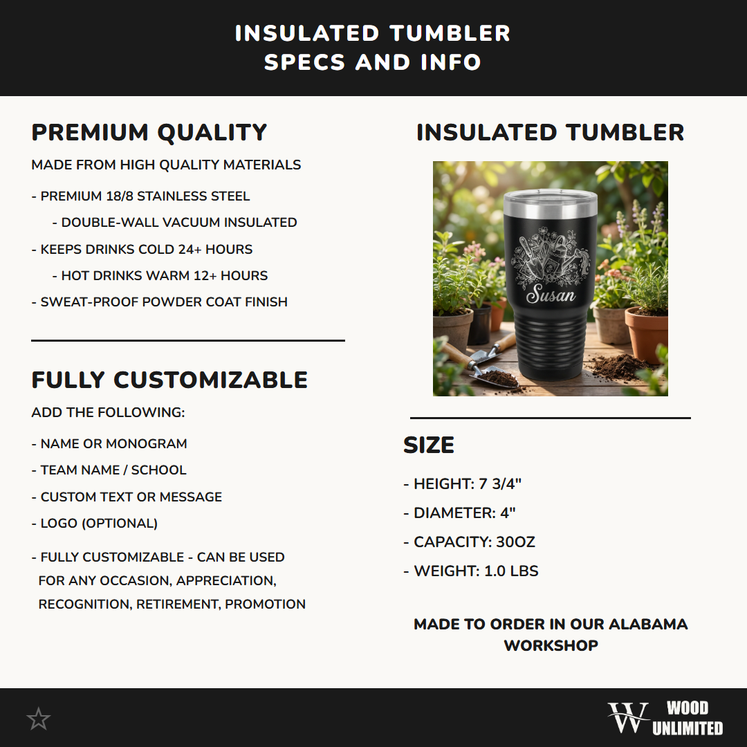 Personalized Gardener Tumbler, Custom Gardening Gift for Her, Mother's Day Birthday Gift, Laser Engraved Garden Lover Mug, Durable Steel