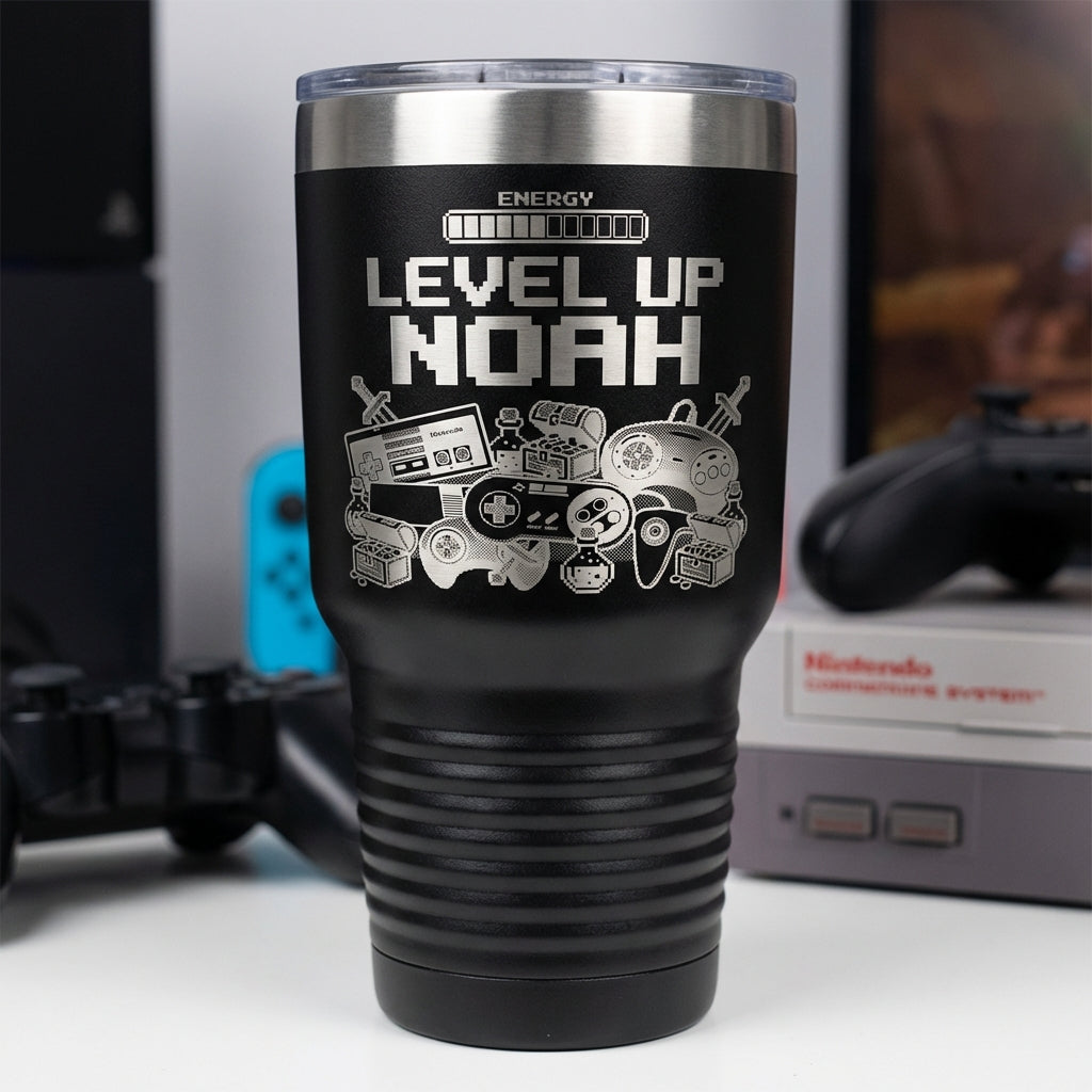 Personalized Gamer Tumbler Gift | Level Up Gaming Drinkware | Custom Laser Engraved Video Game Fan Present | Retro Pixel Art - View 1