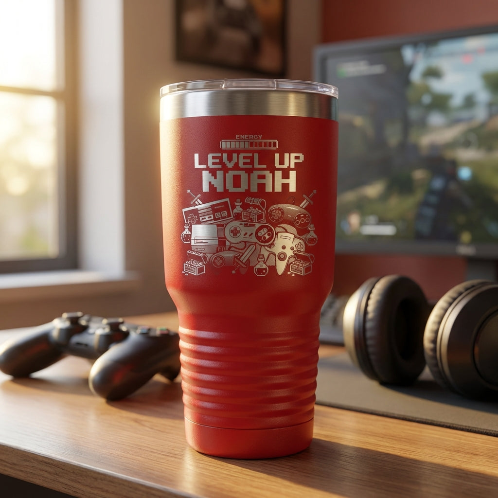 Personalized Gamer Tumbler Gift | Level Up Gaming Drinkware | Custom Laser Engraved Video Game Fan Present | Retro Pixel Art - View 2
