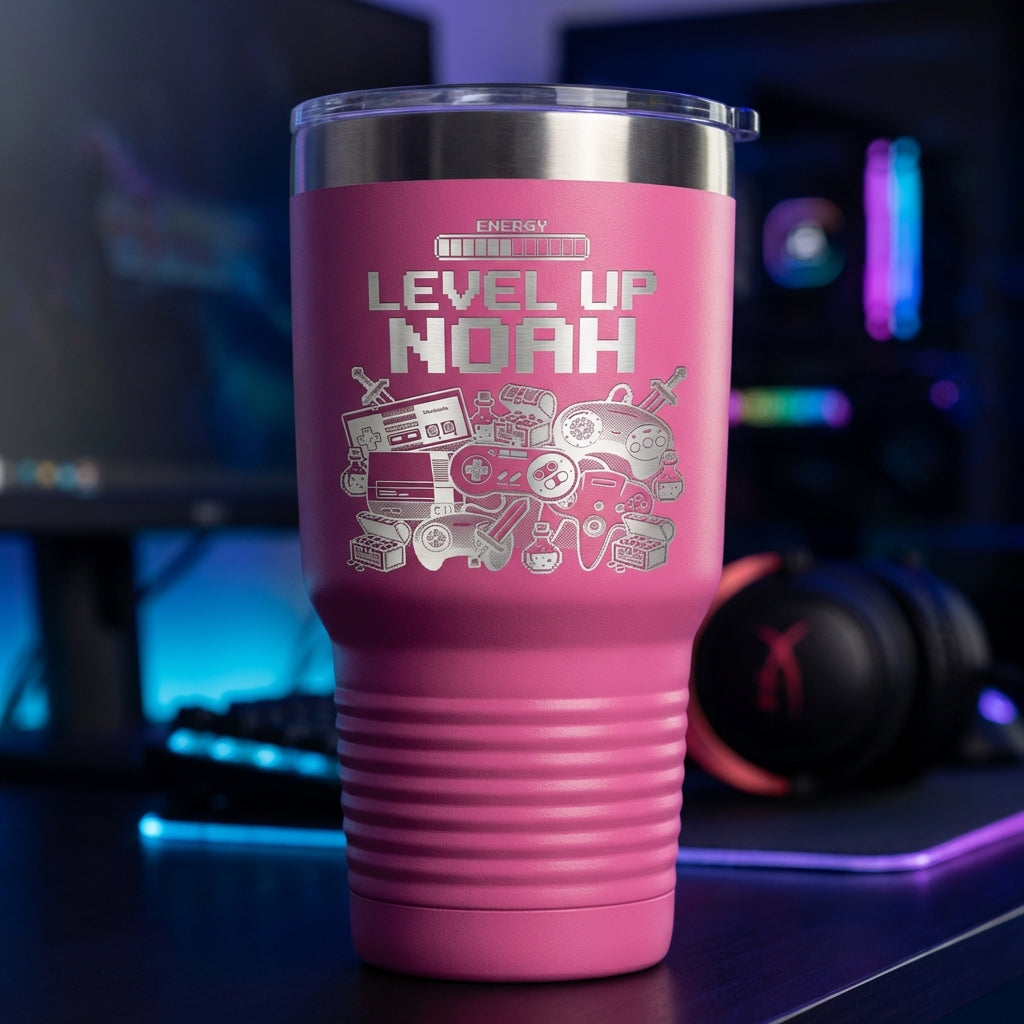Personalized Gamer Tumbler Gift | Level Up Gaming Drinkware | Custom Laser Engraved Video Game Fan Present | Retro Pixel Art - View 4