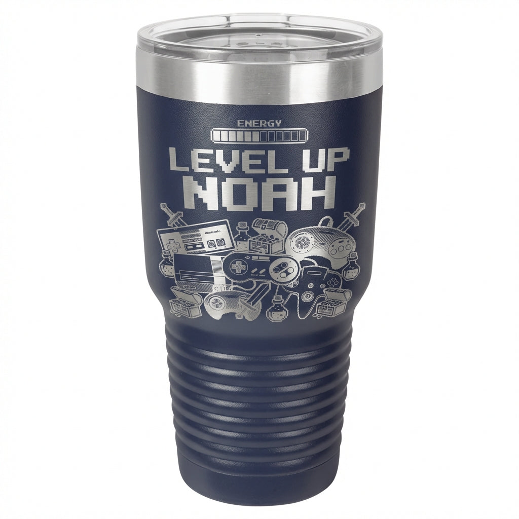 Personalized Gamer Tumbler Gift | Level Up Gaming Drinkware | Custom Laser Engraved Video Game Fan Present | Retro Pixel Art - View 5