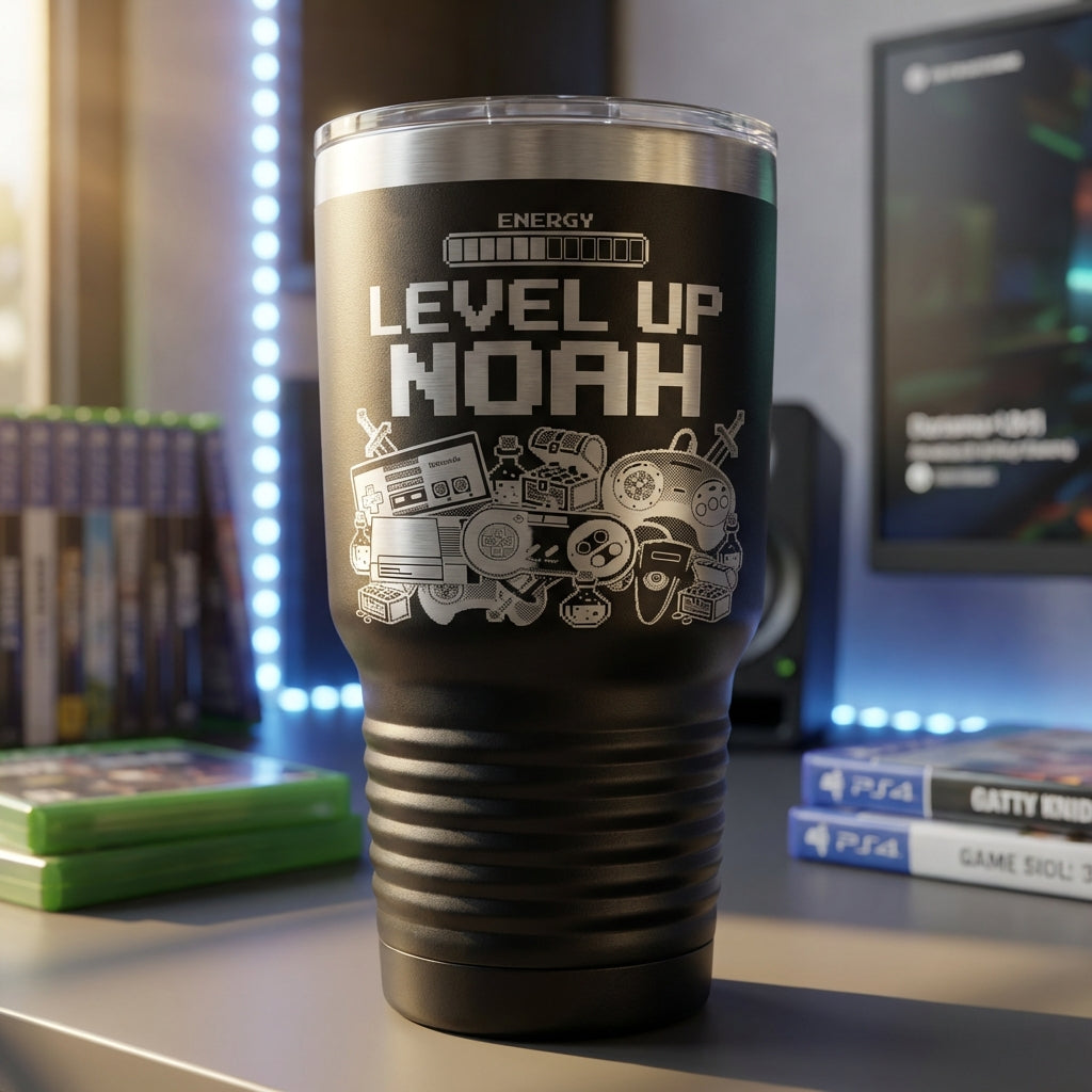 Personalized Gamer Tumbler Gift | Level Up Gaming Drinkware | Custom Laser Engraved Video Game Fan Present | Retro Pixel Art - View 7
