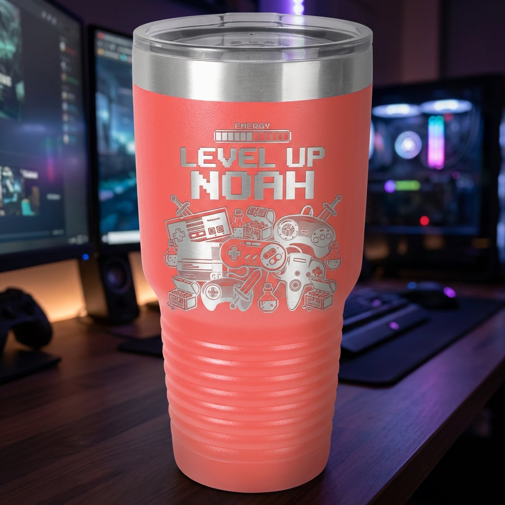 Personalized Gamer Tumbler Gift | Level Up Gaming Drinkware | Custom Laser Engraved Video Game Fan Present | Retro Pixel Art - View 8