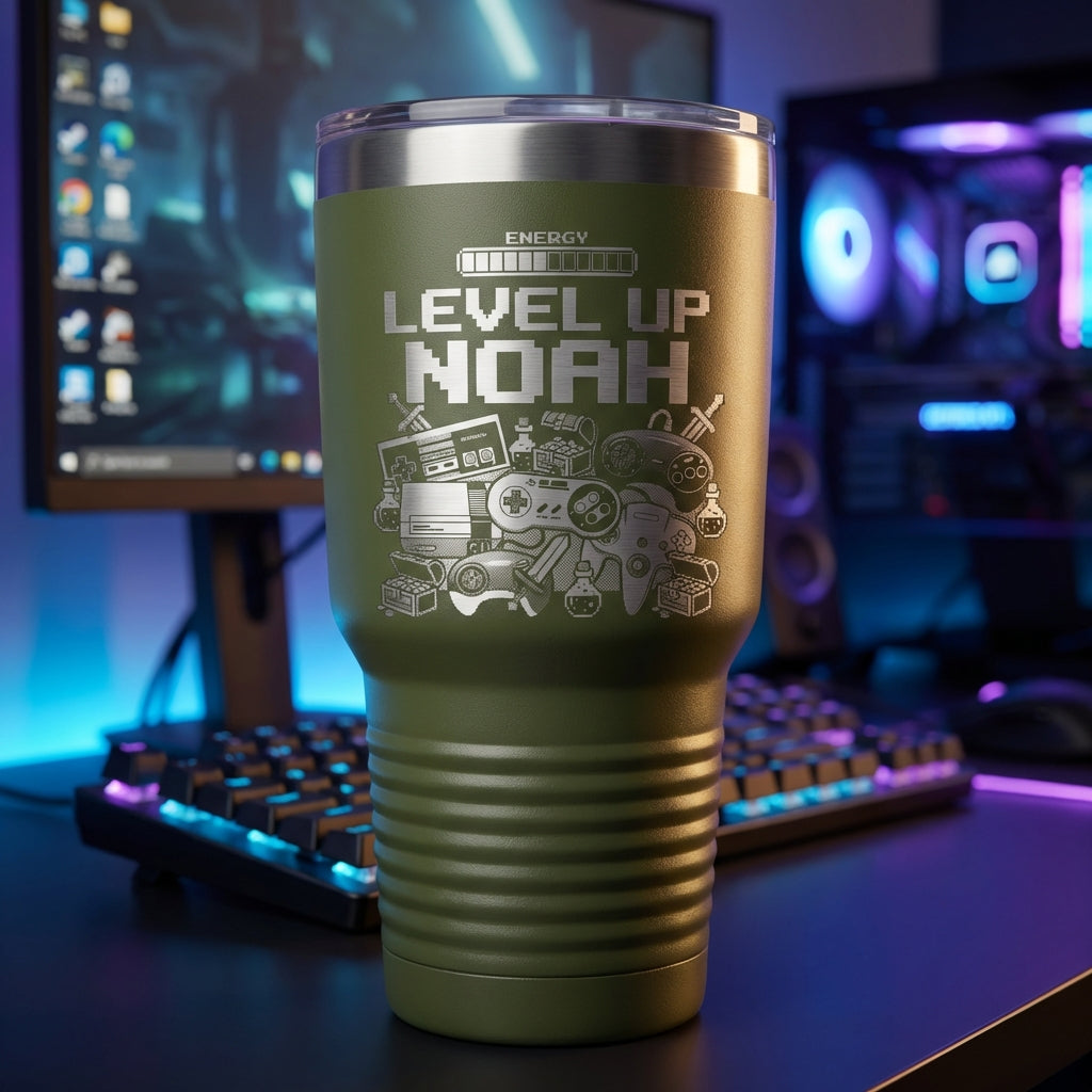 Personalized Gamer Tumbler Gift | Level Up Gaming Drinkware | Custom Laser Engraved Video Game Fan Present | Retro Pixel Art - View 9
