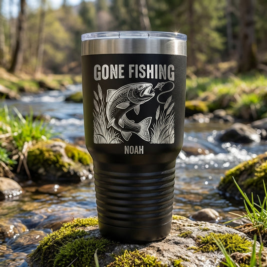 Personalized Fishing Tumbler - Gone Fishing - Custom Rainbow Trout Design