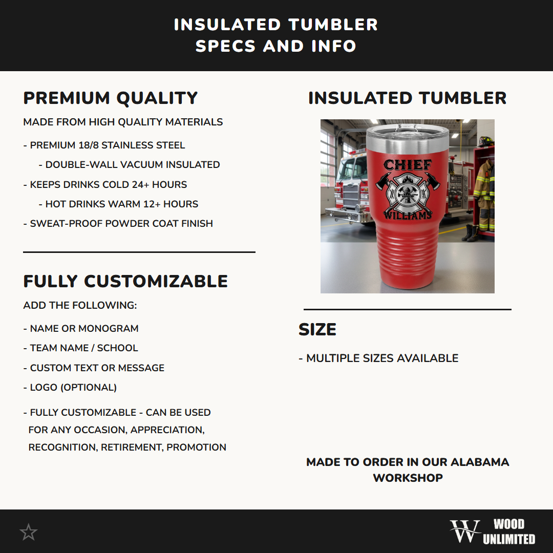 Personalized Firefighter Chief Gift Tumbler - Promotion Retirement Thank You - Laser Engraved Durable - Custom Name