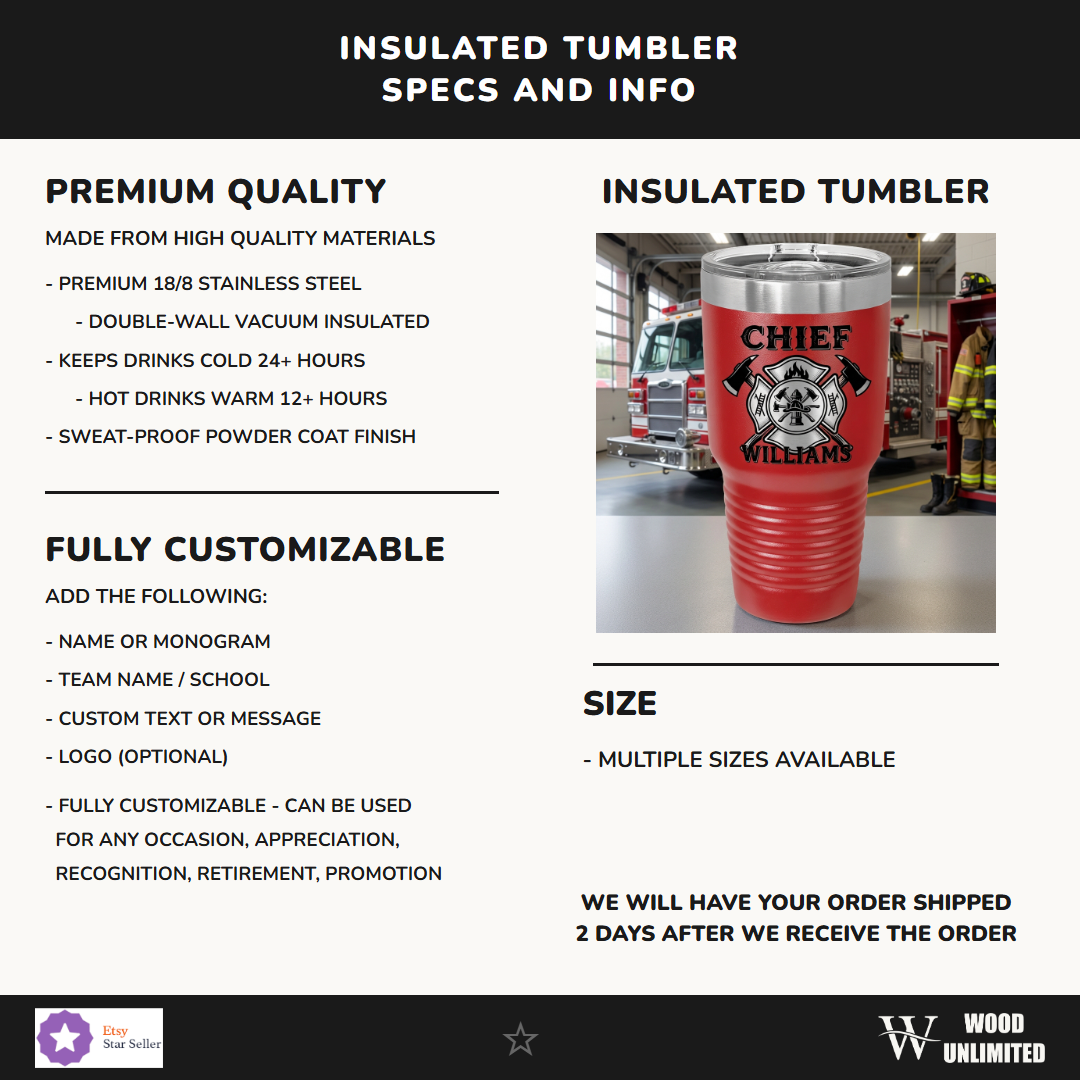 Personalized Firefighter Chief Gift Tumbler - Promotion Retirement Thank You - Laser Engraved Durable - Custom Name