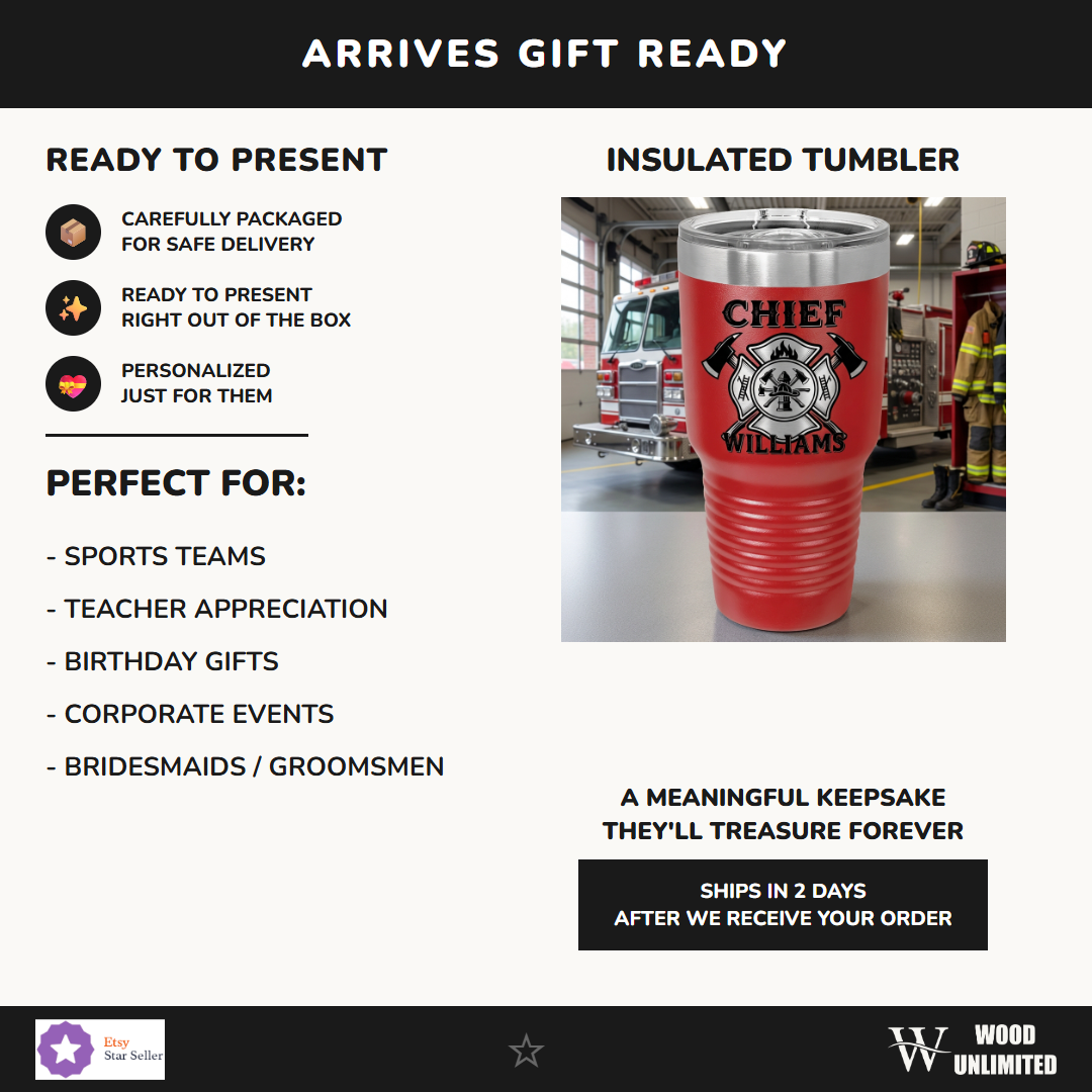 Personalized Firefighter Chief Gift Tumbler - Promotion Retirement Thank You - Laser Engraved Durable - Custom Name