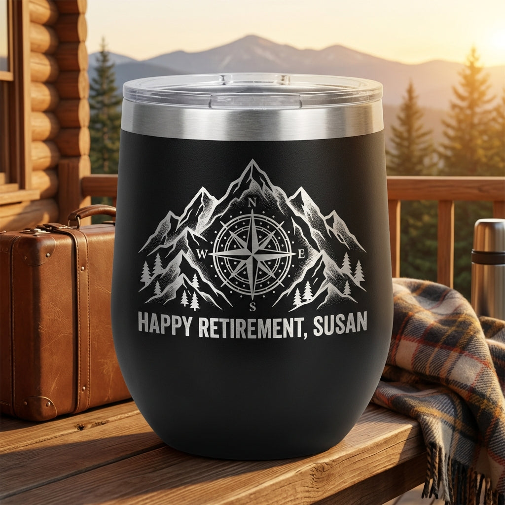 Personalized Retirement Gift Tumbler for Retiree - Adventure Mountain Compass Outdoors - Laser Engraved Custom Name Drinkware - View 1