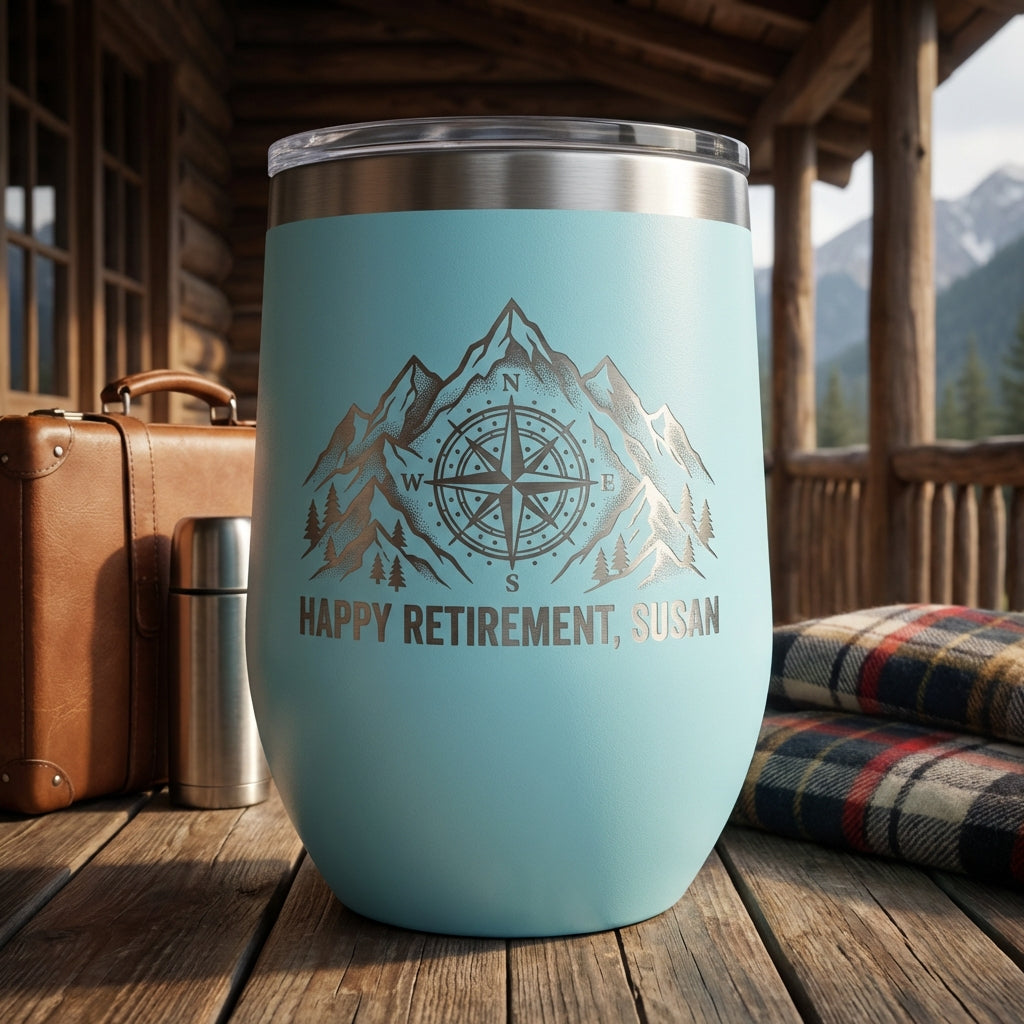 Personalized Retirement Gift Tumbler for Retiree - Adventure Mountain Compass Outdoors - Laser Engraved Custom Name Drinkware - View 4