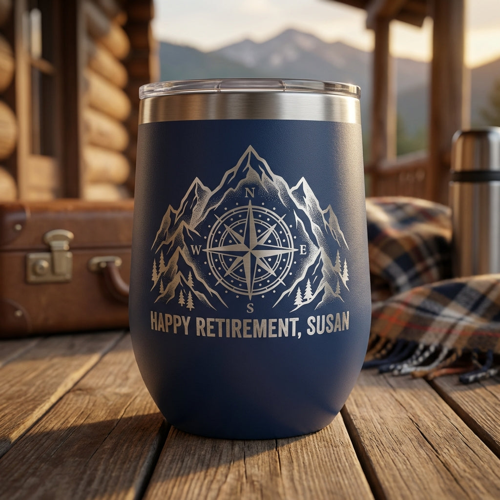 Personalized Retirement Gift Tumbler for Retiree - Adventure Mountain Compass Outdoors - Laser Engraved Custom Name Drinkware - View 5