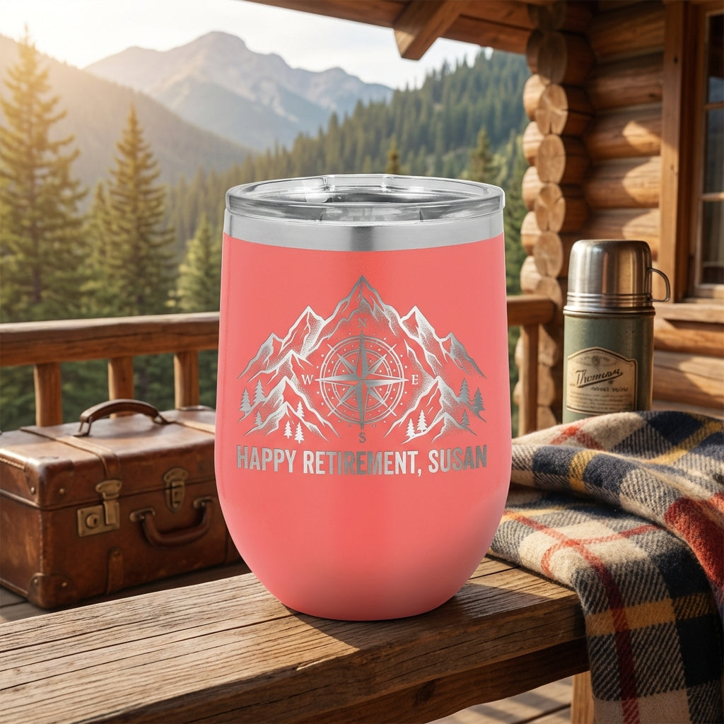 Personalized Retirement Gift Tumbler for Retiree - Adventure Mountain Compass Outdoors - Laser Engraved Custom Name Drinkware - View 6