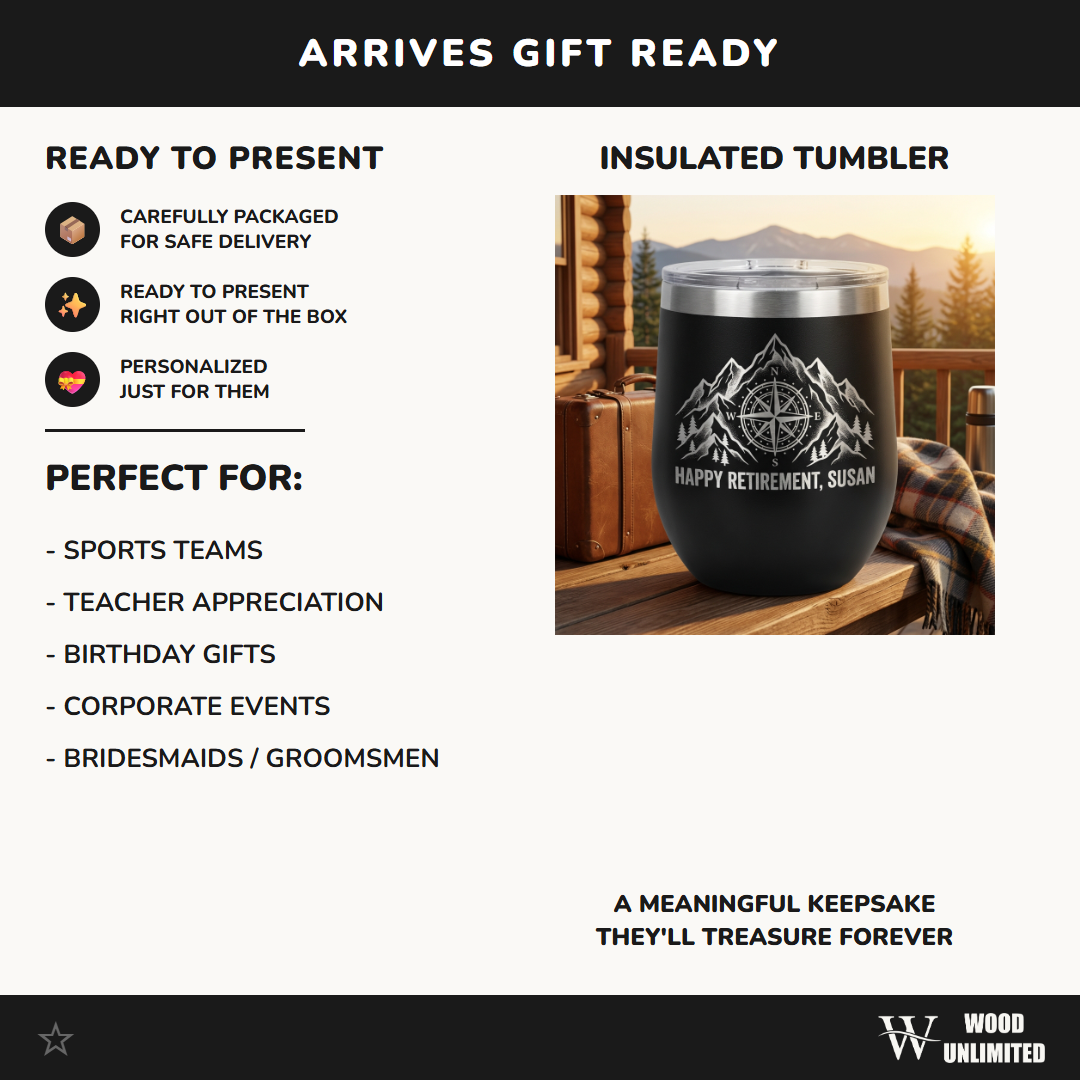 Personalized Retirement Gift Tumbler for Retiree - Adventure Mountain Compass Outdoors - Retirement Gift Wine Tumbler