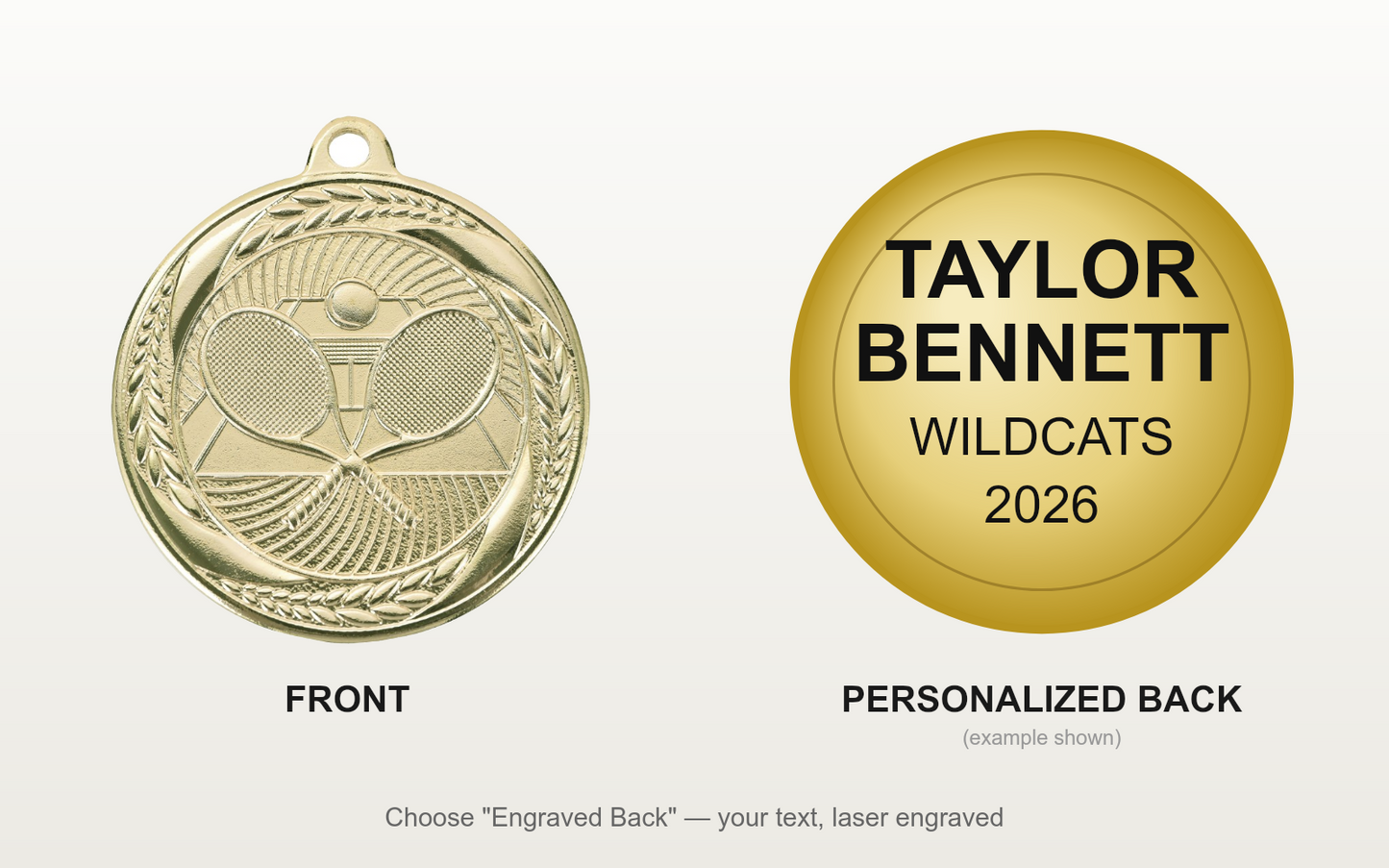 Personalized Tennis Medals with Neck Ribbon - Gold Silver Bronze - Custom Engraved