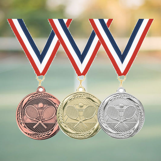Personalized Tennis Medals with Neck Ribbon — personalized laser engraved medals from Wood Unlimited, made to order in Alabama