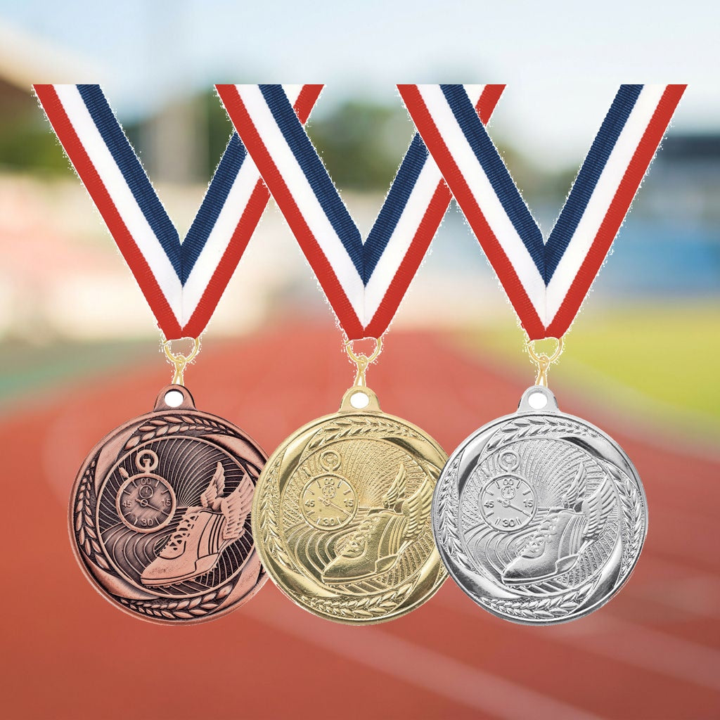 Personalized Track Medals with Neck Ribbon - Gold Silver Bronze - Custom Engraved