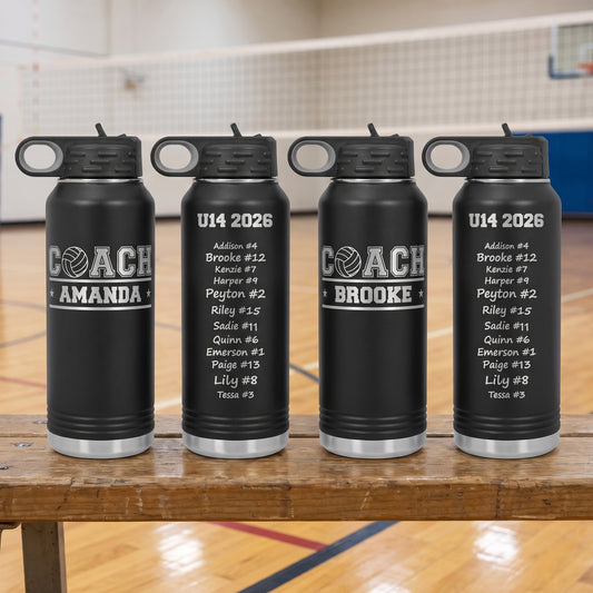Personalized volleyball coach water bottles with the COACH volleyball logo and coach name engraved on the front and player signatures on the back
