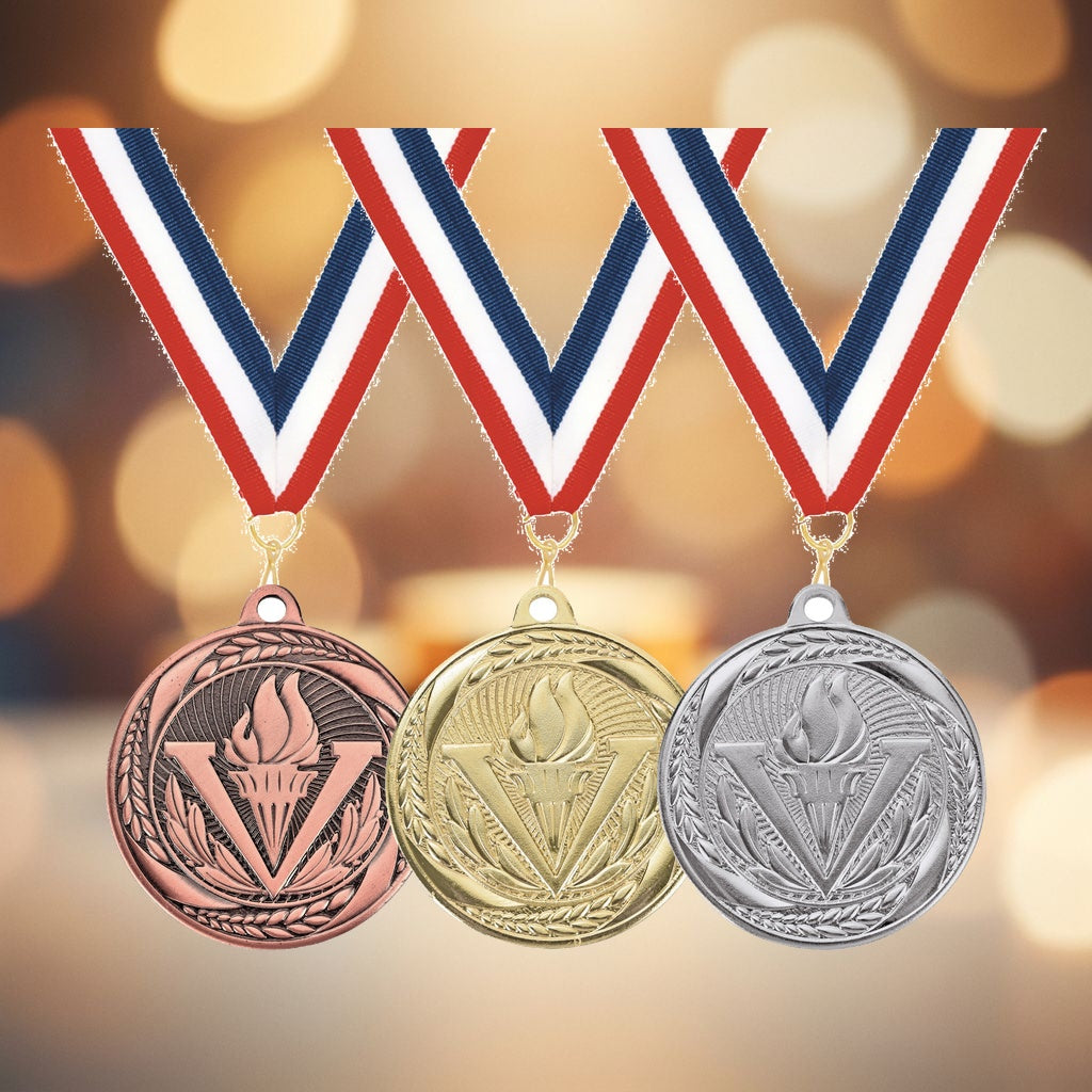 Personalized Victory Medals with Neck Ribbon - Gold Silver Bronze - Custom Engraved
