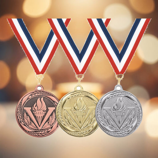 Personalized Victory Medals with Neck Ribbon — personalized laser engraved medals from Wood Unlimited, made to order in Alabama