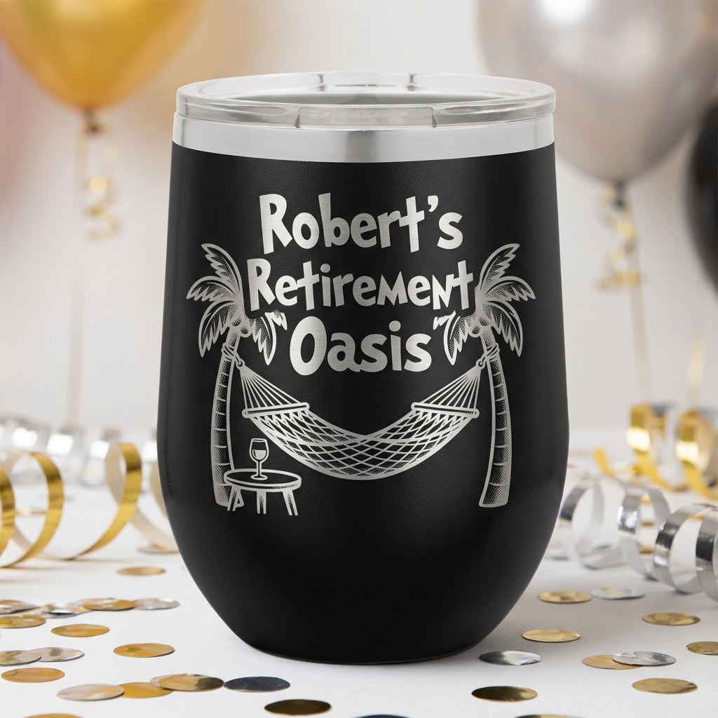 Personalized Retirement Gift Wine Tumbler - Engraved Tropical Oasis Design - Custom Name Retiree Present - Durable Stainless Steel - View 1