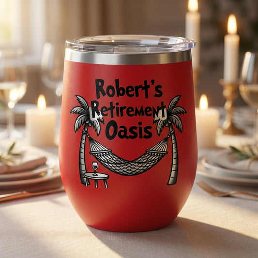 Personalized Retirement Gift Wine Tumbler - Engraved Tropical Oasis Design - Custom Name Retiree Present - Durable Stainless Steel - View 2