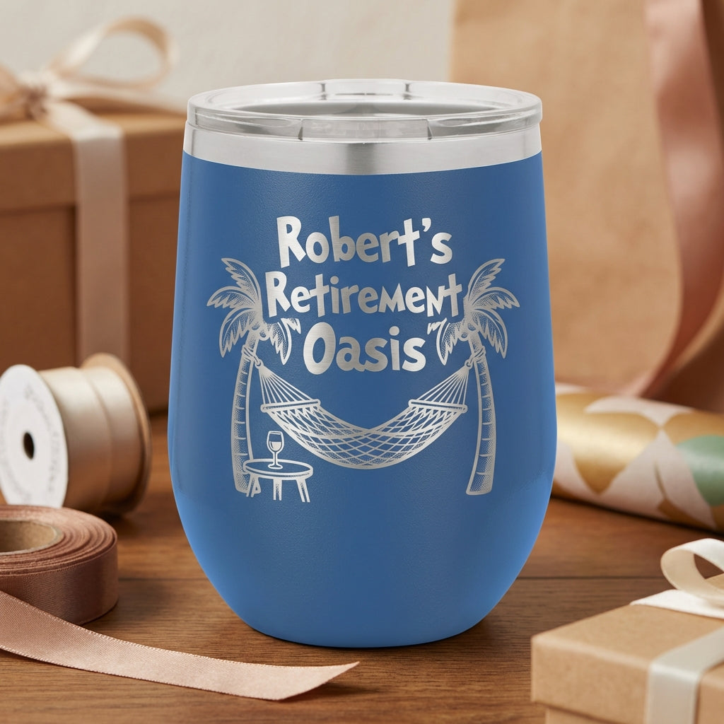 Personalized Retirement Gift Wine Tumbler - Engraved Tropical Oasis Design - Custom Name Retiree Present - Durable Stainless Steel - View 3