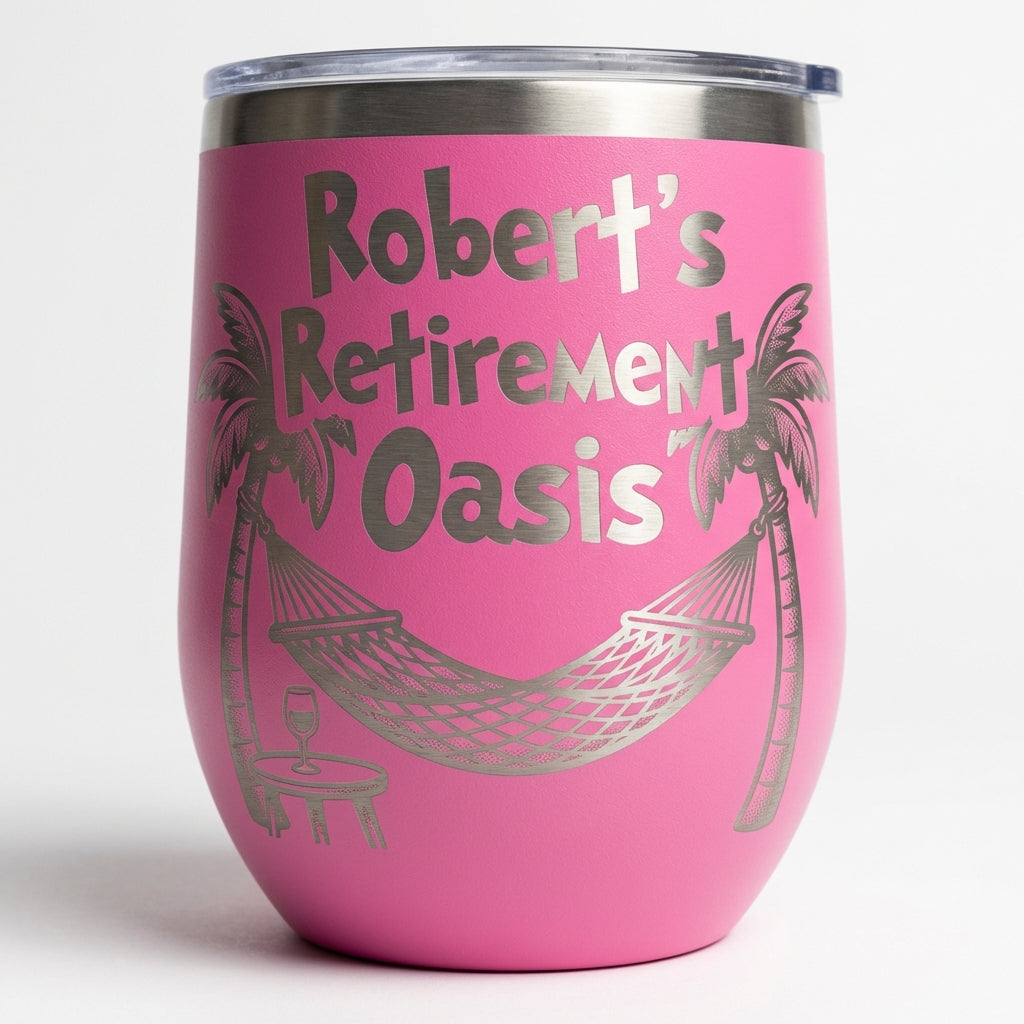 Personalized Retirement Gift Wine Tumbler - Engraved Tropical Oasis Design - Custom Name Retiree Present - Durable Stainless Steel - View 4