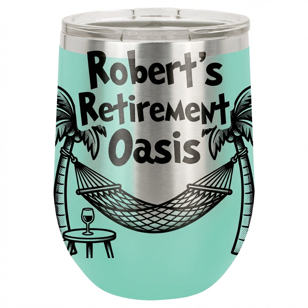 Personalized Retirement Gift Wine Tumbler - Engraved Tropical Oasis Design - Custom Name Retiree Present - Durable Stainless Steel - View 5
