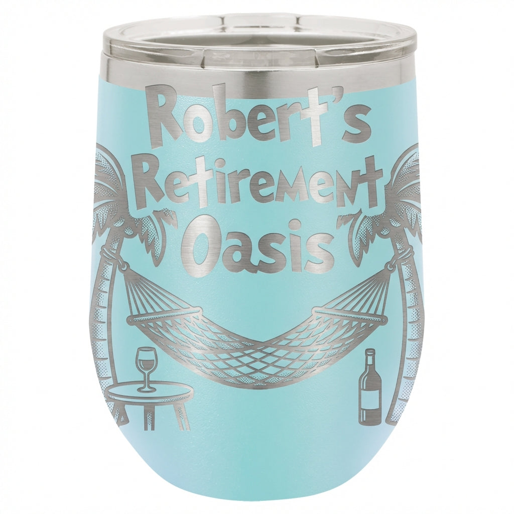 Personalized Retirement Gift Wine Tumbler - Engraved Tropical Oasis Design - Custom Name Retiree Present - Durable Stainless Steel - View 6