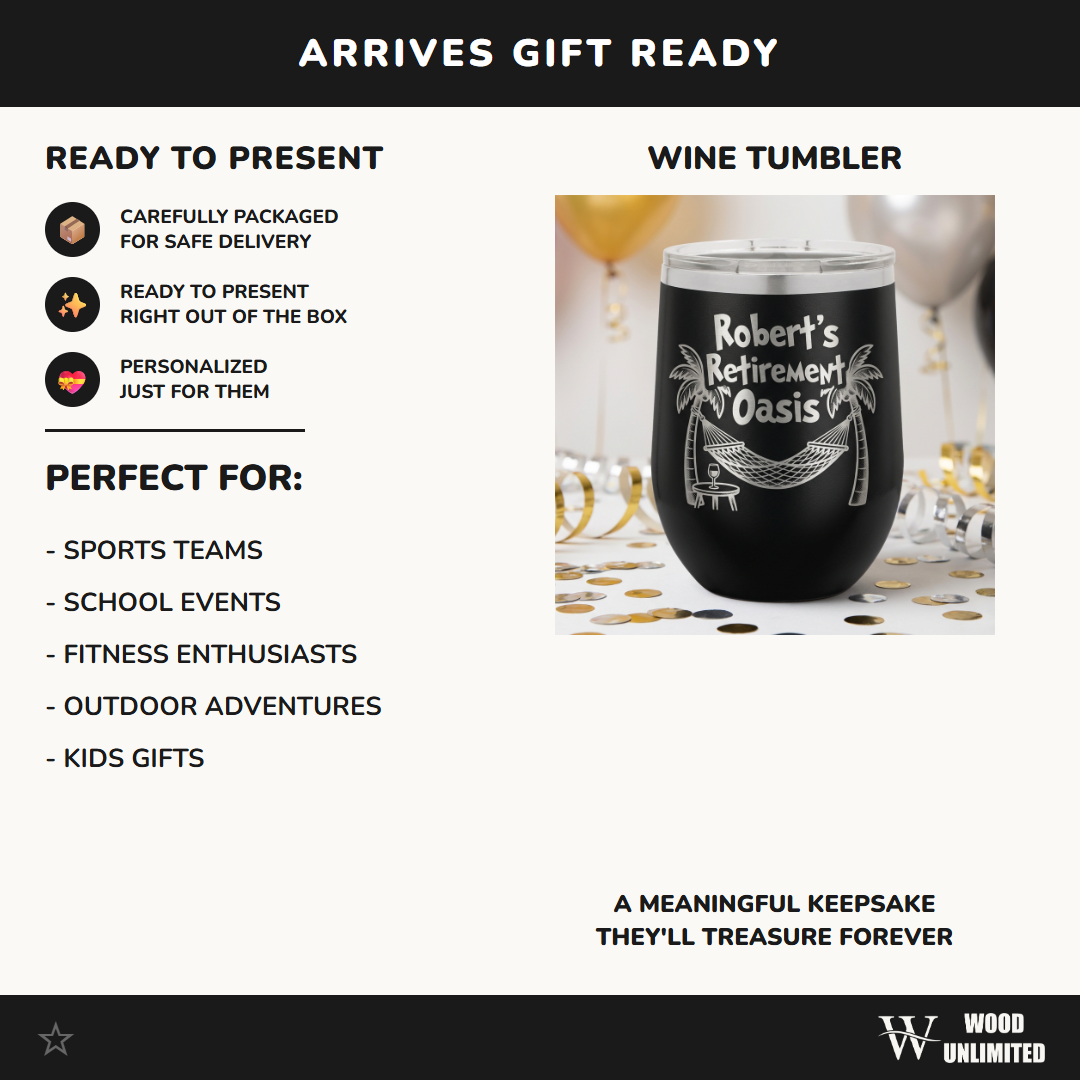 Personalized Retirement Gift Wine Tumbler - Engraved Tropical Oasis Design - Custom Name Retiree Present - Durable Stainless Steel