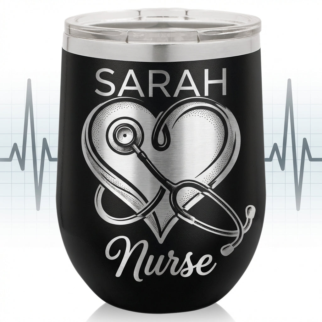 Personalized Nurse Gift Tumbler - Stethoscope Heart Design - Nursing Graduation & Appreciation - Custom Name Laser Engraved - View 1