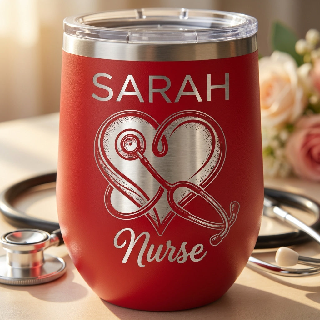 Personalized Nurse Gift Tumbler - Stethoscope Heart Design - Nursing Graduation & Appreciation - Custom Name Laser Engraved - View 2