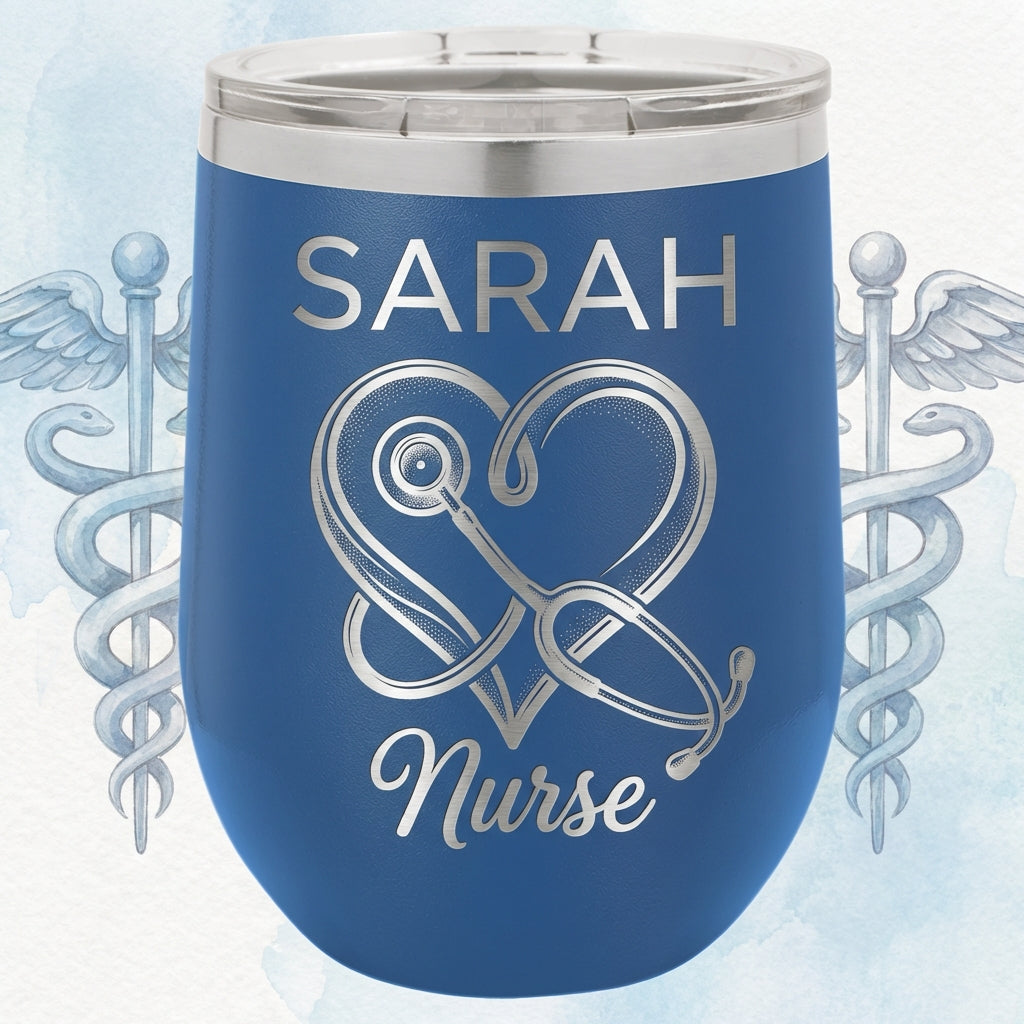 Personalized Nurse Gift Tumbler - Stethoscope Heart Design - Nursing Graduation & Appreciation - Custom Name Laser Engraved - View 3