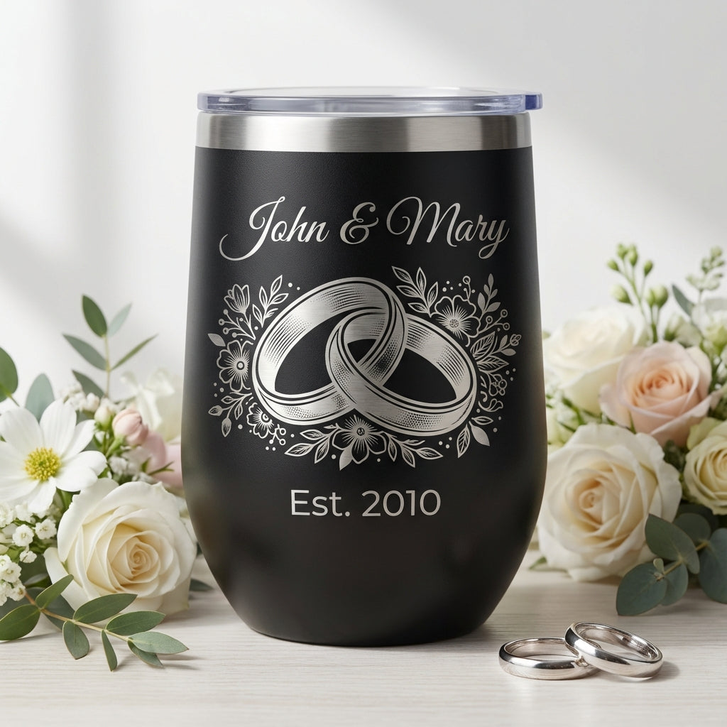 Personalized Wedding Anniversary Gift Stemless Wine Tumbler for Couple - Engraved Floral Rings - Custom Name & Date Keepsake - View 1