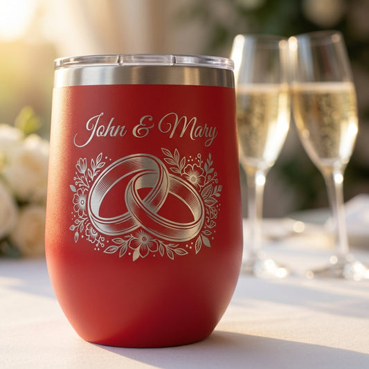 Personalized Wedding Anniversary Gift Stemless Wine Tumbler for Couple - Engraved Floral Rings - Custom Name & Date Keepsake - View 2