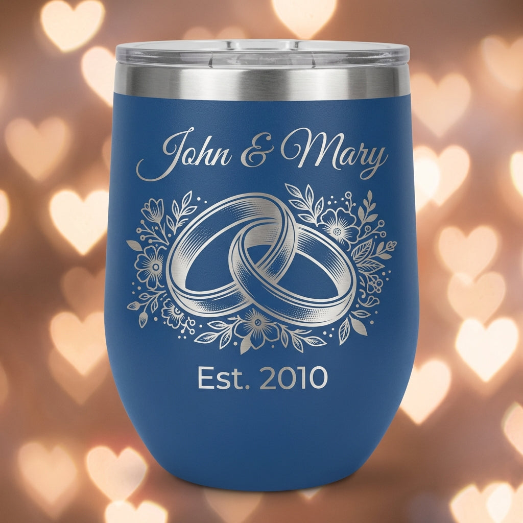 Personalized Wedding Anniversary Gift Stemless Wine Tumbler for Couple - Engraved Floral Rings - Custom Name & Date Keepsake - View 3