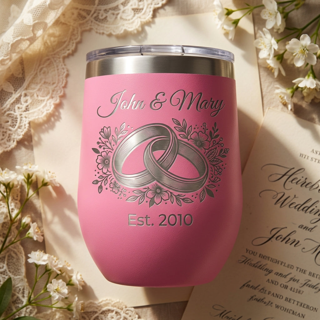 Personalized Wedding Anniversary Gift Stemless Wine Tumbler for Couple - Engraved Floral Rings - Custom Name & Date Keepsake - View 4
