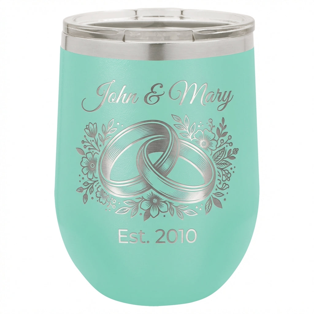 Personalized Wedding Anniversary Gift Stemless Wine Tumbler for Couple - Engraved Floral Rings - Custom Name & Date Keepsake - View 5