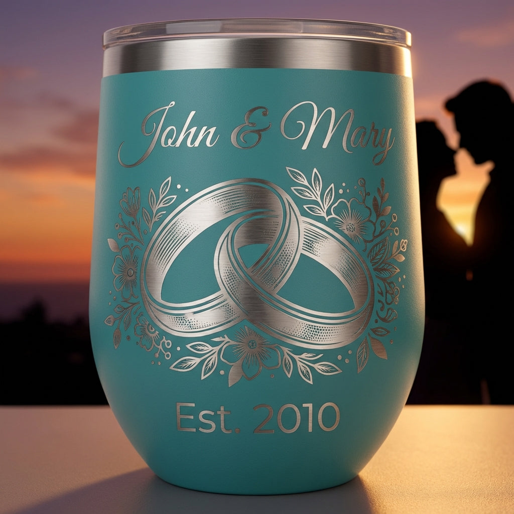 Personalized Wedding Anniversary Gift Stemless Wine Tumbler for Couple - Engraved Floral Rings - Custom Name & Date Keepsake - View 6