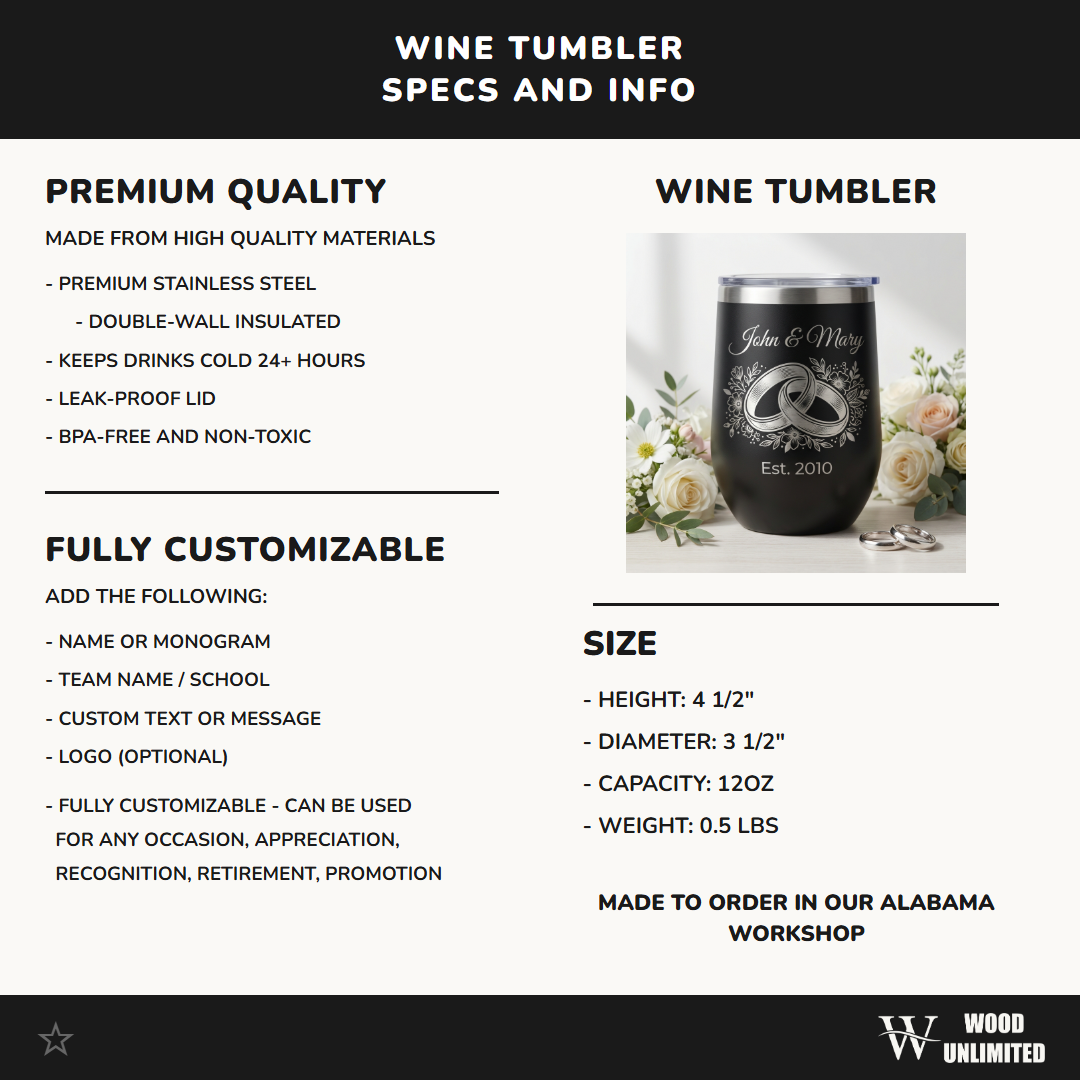 Personalized Wedding Anniversary Gift Stemless Wine Tumbler for Couple - Engraved Floral Rings - Custom Name & Date Keepsake