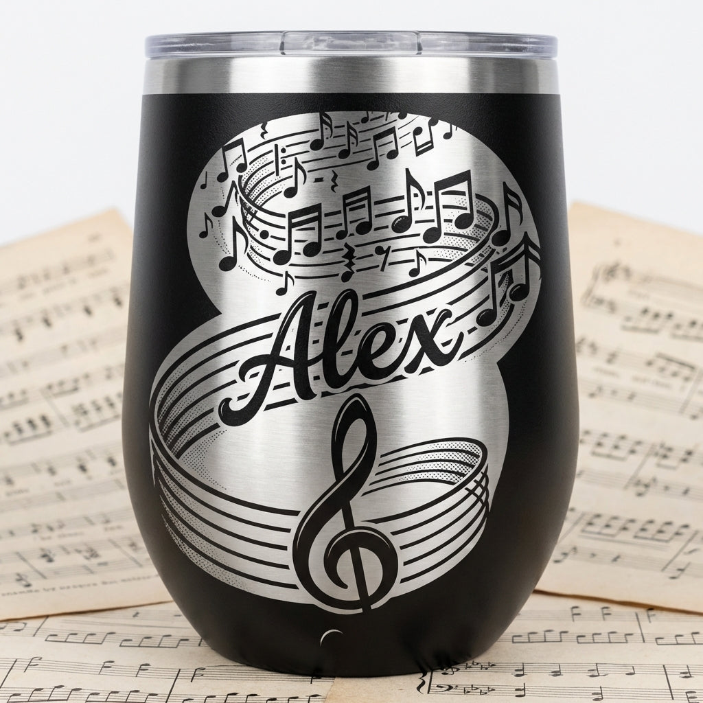 Personalized Music Lover Gift Stemless Wine Tumbler - Musician Appreciation - Engraved Treble Clef - Custom Name