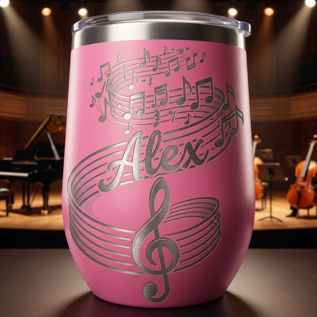 Personalized Music Lover Gift Stemless Wine Tumbler - Musician Appreciation - Engraved Treble Clef - Custom Name