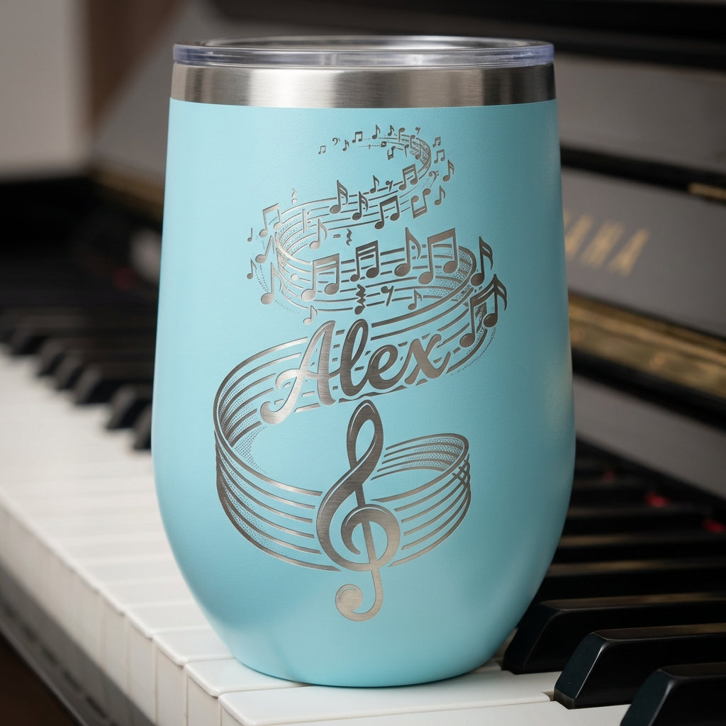 Personalized Music Lover Gift Stemless Wine Tumbler - Musician Appreciation - Engraved Treble Clef - Custom Name
