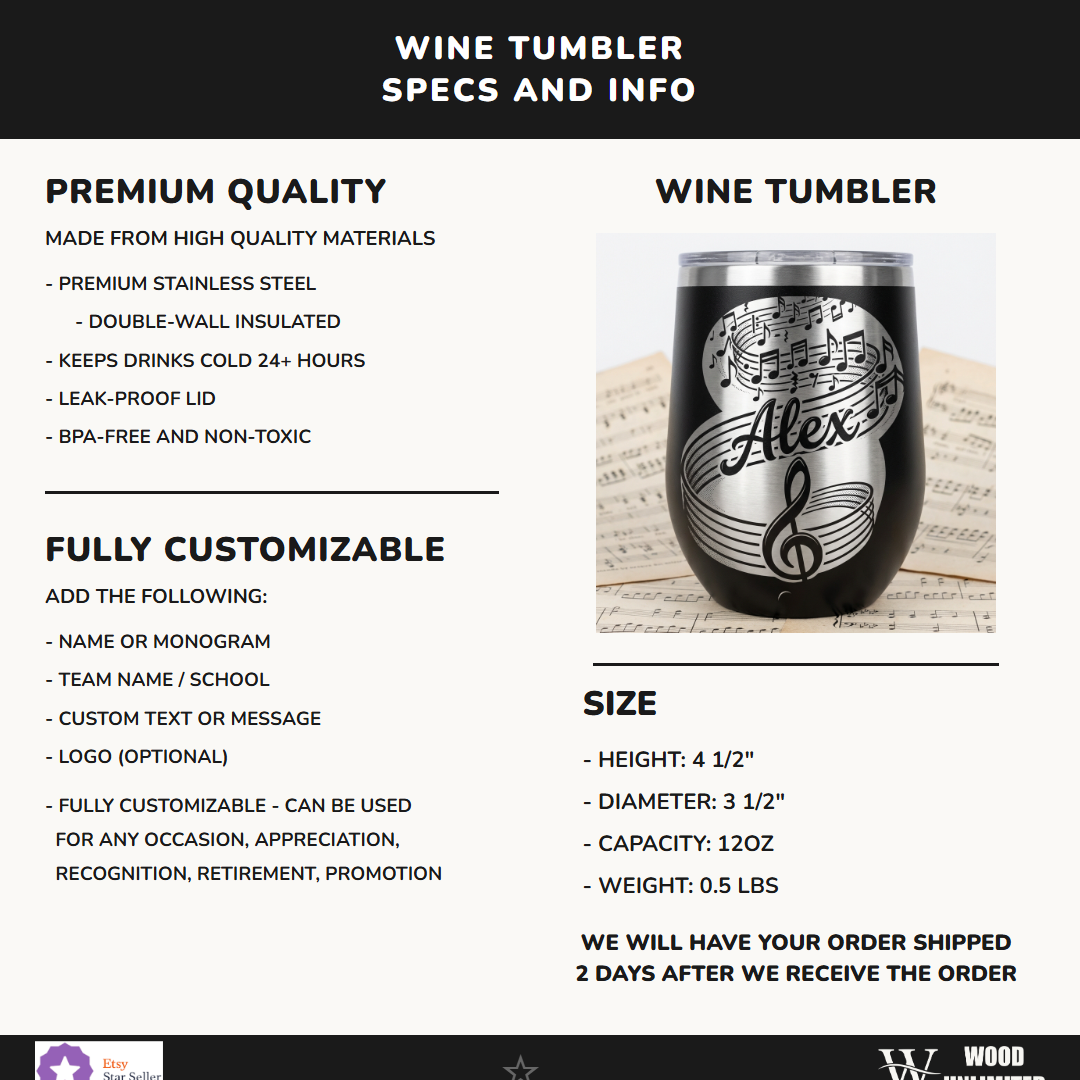 Personalized Music Lover Gift Stemless Wine Tumbler - Musician Appreciation - Engraved Treble Clef - Custom Name