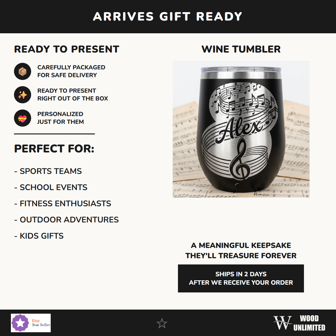 Personalized Music Lover Gift Stemless Wine Tumbler - Musician Appreciation - Engraved Treble Clef - Custom Name