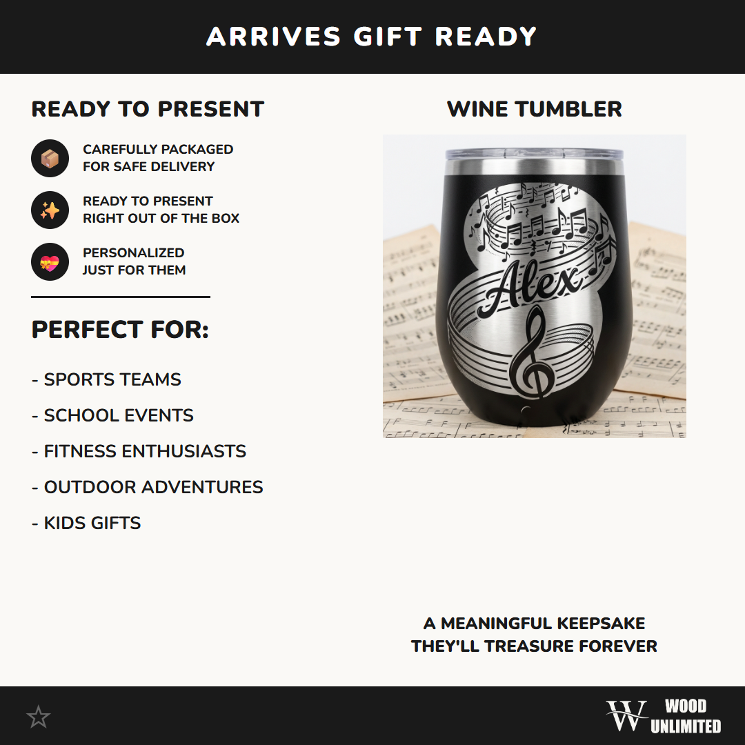 Personalized Music Lover Gift Stemless Wine Tumbler - Musician Appreciation - Engraved Treble Clef - Custom Name